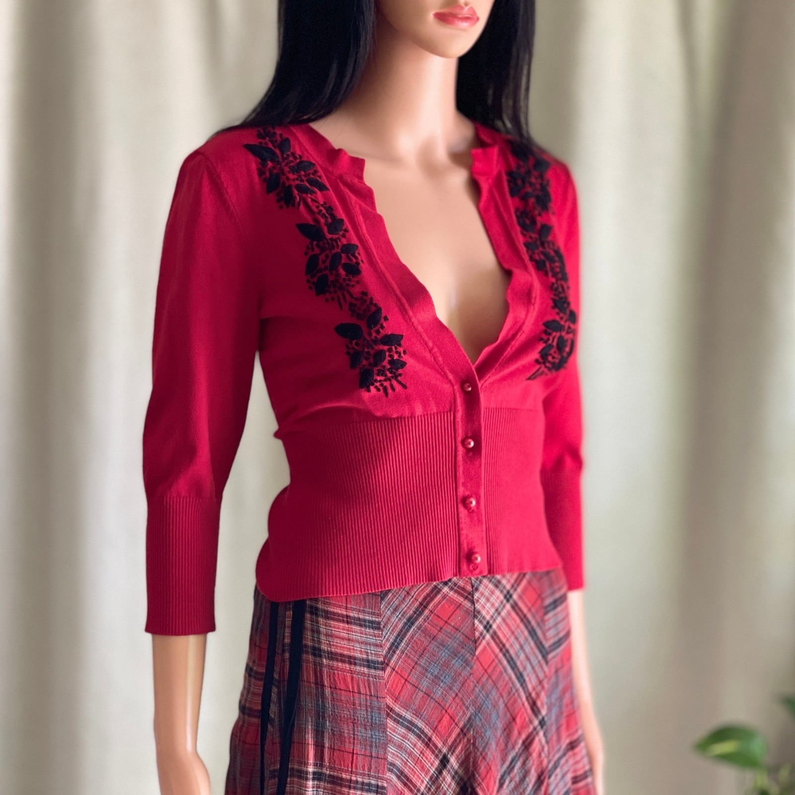 Vtg Y2k Red Silk Blend Black Embroidered Cardigan Sweater Dark Academia Pinup M